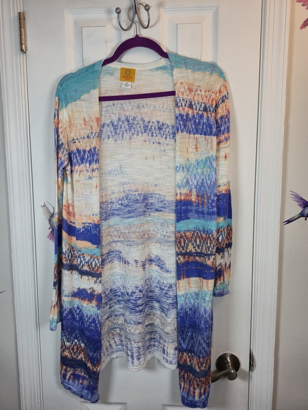 Ruby Rd. Petite Blue Multi Abstract Knit Longline Open Cardigan PS